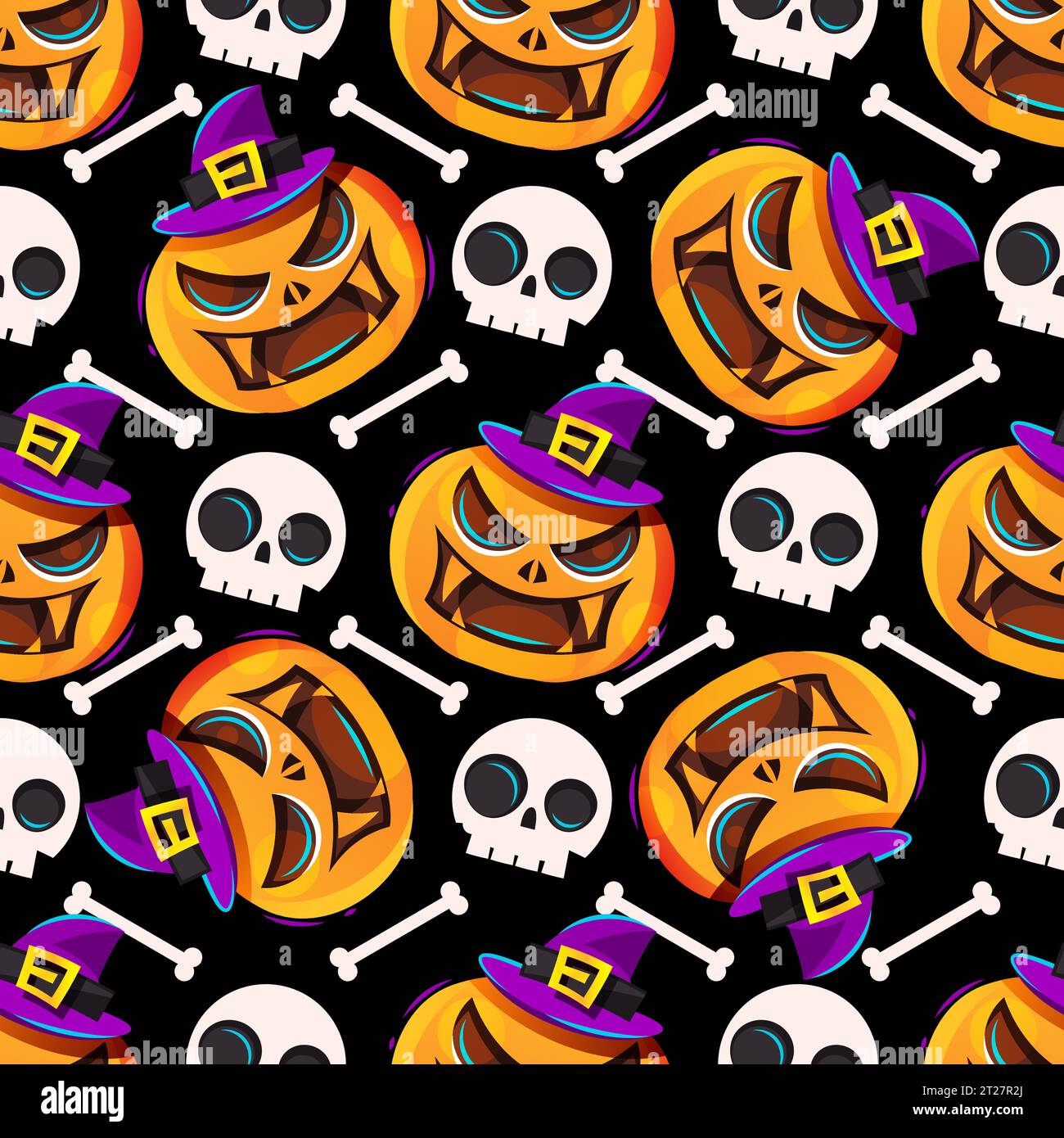 Happy halloween Illustration. Nahtloses Muster mit Zeichentrickfiguren. Süße weiße Geister und Fledermäuse auf dem orangefarbenen Hintergrund. Stock Vektor