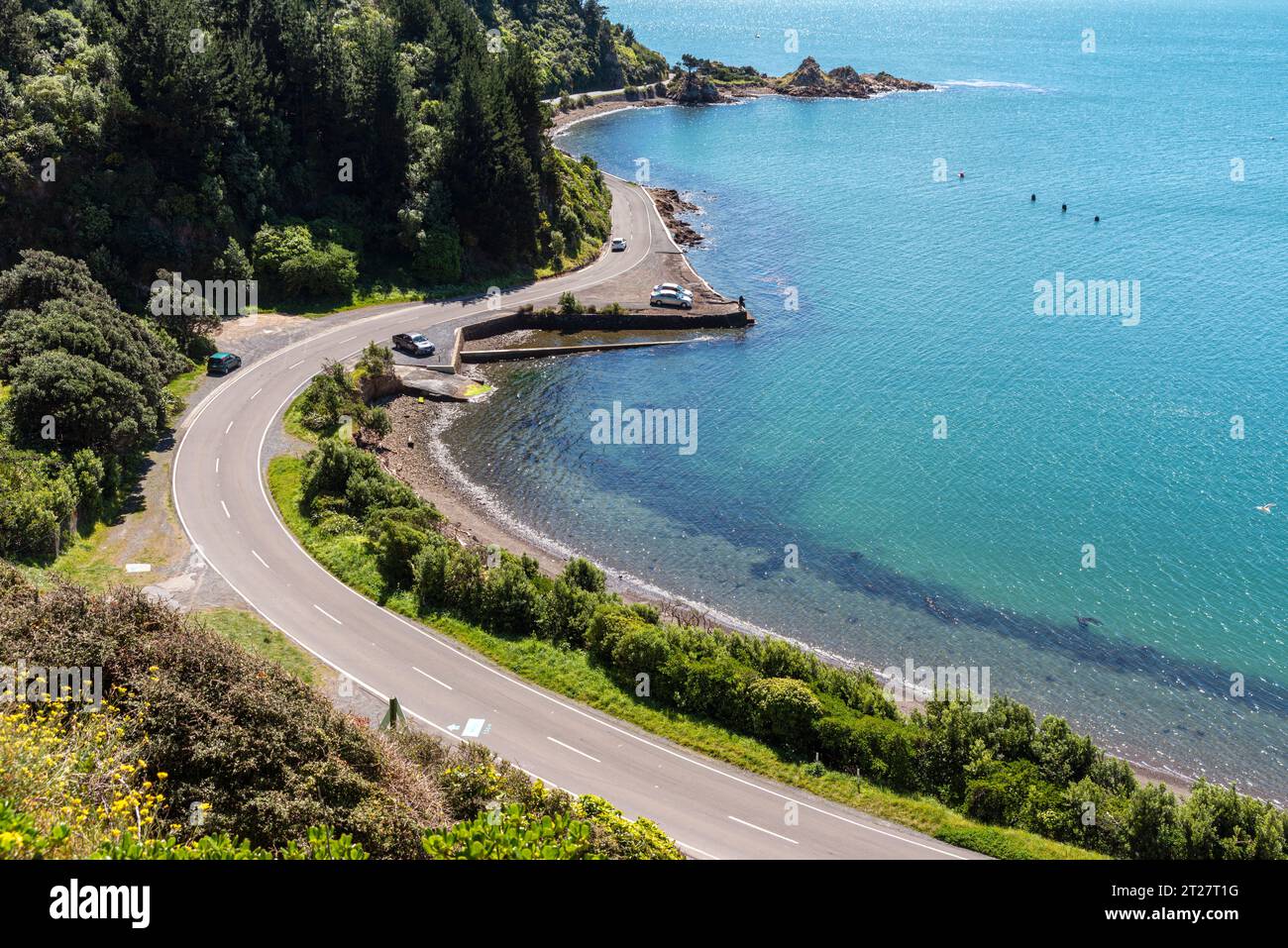 Coast Road Mahanga Bay, Miramar Peninsula, Wellington, Neuseeland Stockfoto