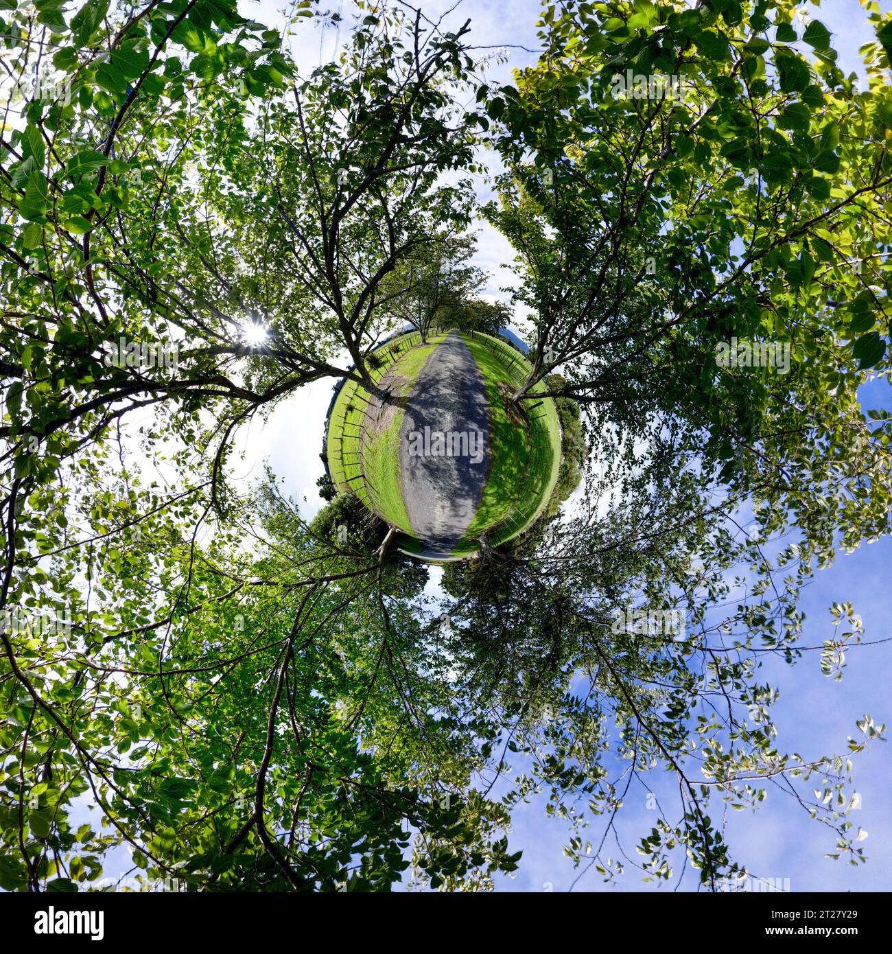 Kleiner Planet, 360-Grad-Kugel. Panorama Neuseeland Stockfoto