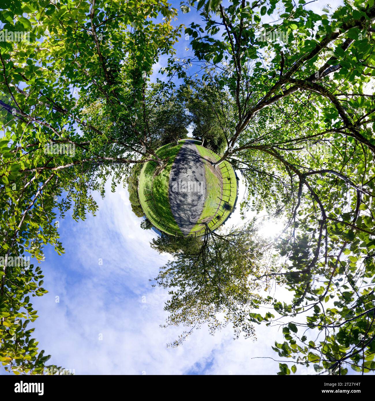 Kleiner Planet, 360-Grad-Kugel. Panorama Neuseeland Stockfoto