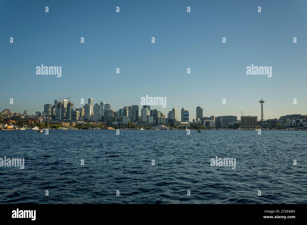 Blick vom Lake Union auf die Skyline von Seattle mit der Space Needle in Seattle, Washington State, USA. Stockfoto