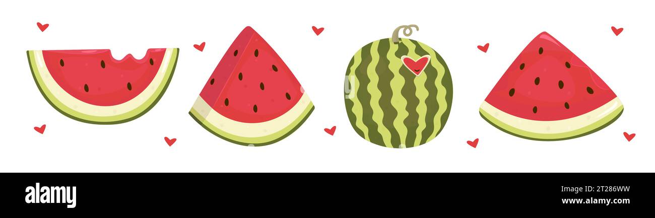 Saftiges Wassermelonen-Set, bunte Vektor-Illustrationen in grünen und roten Farben Stock Vektor