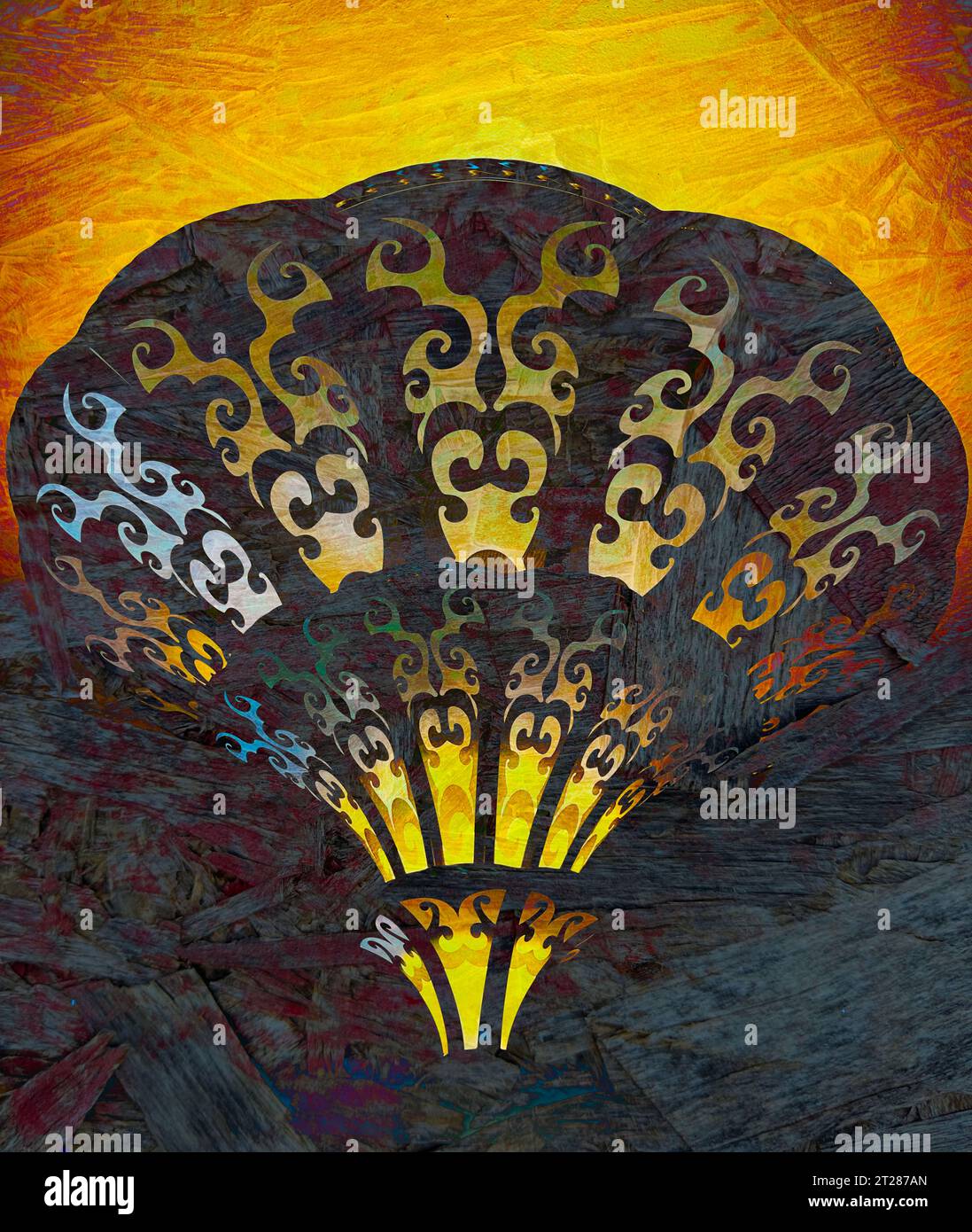 Raffiniertes Vintage-Lampenlicht steigt in Ballonform auf, hervorgehoben durch abstrakten Hintergrund aus Verbundwerkstoff. Schlaufen und Kurven machen das Fancyl-Design am Kronleuchter. Stockfoto