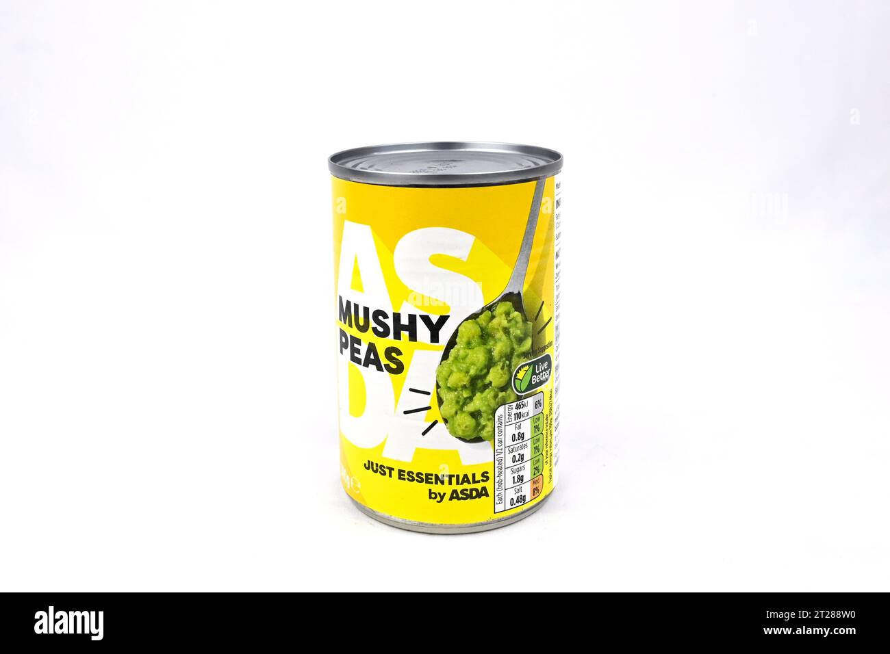 JUST ESSENTIALS von ASDA Mushy Peas – Wales, Großbritannien – 10. Oktober 2023 Stockfoto
