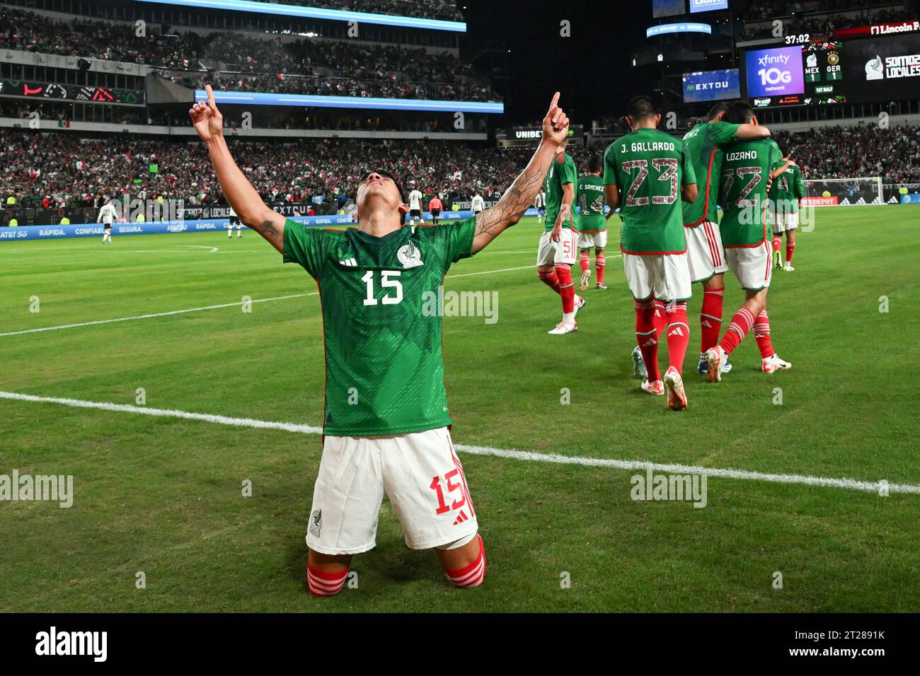 Philadelphia, USA. Oktober 2023. Fußball: Internationale Spiele, Mexiko - Deutschland, Lincoln Financial Field. Mexikos Uriel Antuna feiert nach einem Treffer mit 1:1. Quelle: Federico Gambarini/dpa/Alamy Live News Stockfoto