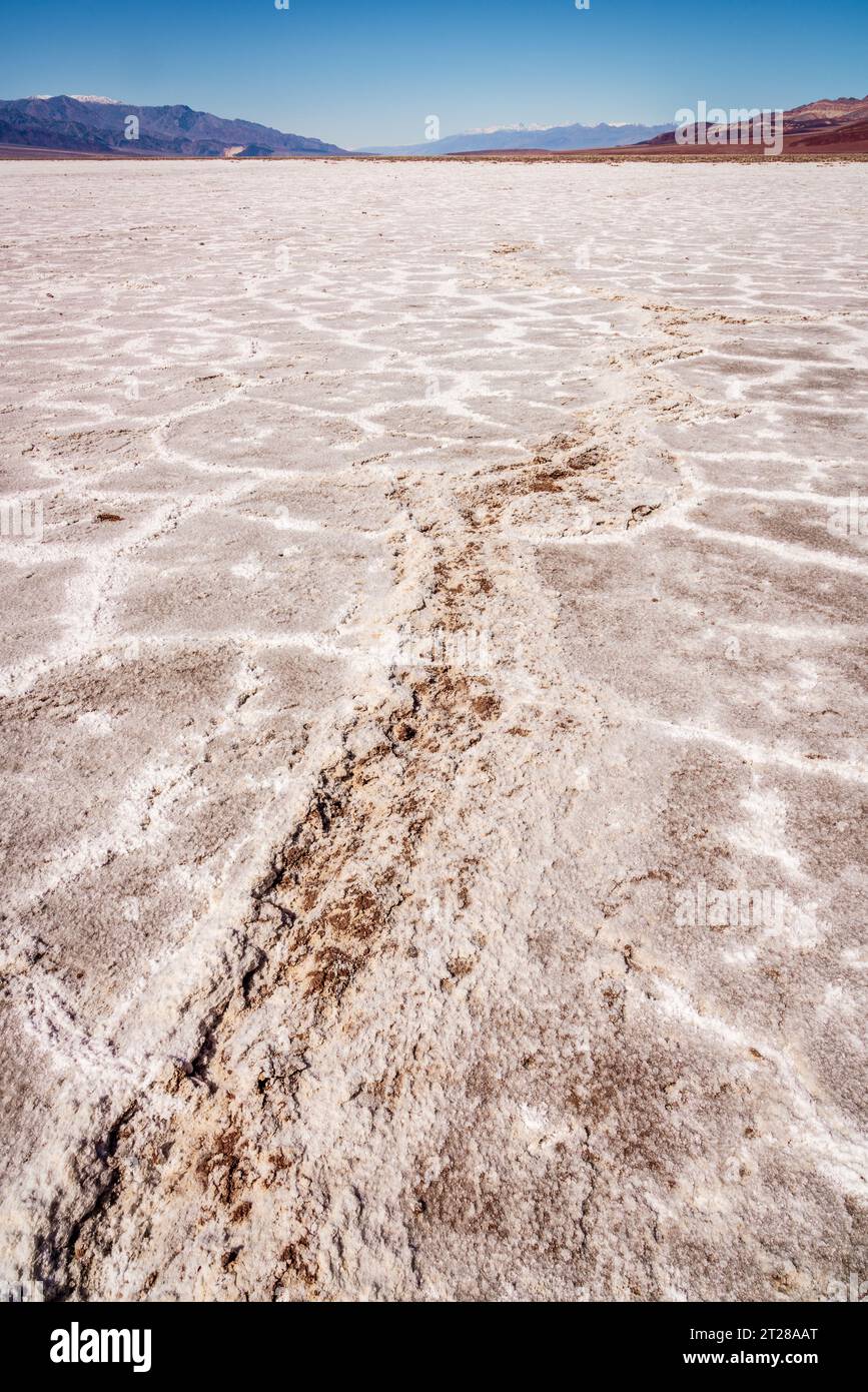 Salzvorkommen im Badwater Basin im Death Valley National Park in Kalifornien Stockfoto