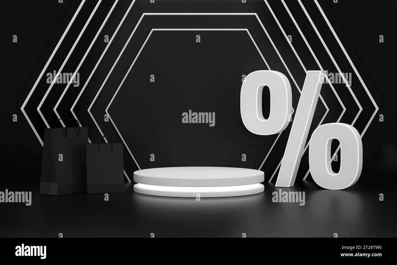Back fridays Prozent Rabatt Symbol und Einkaufstaschen mit Podium mit Licht auf sechseckiger Wand auf Studiohintergrund. 3D-Rendering. Stockfoto