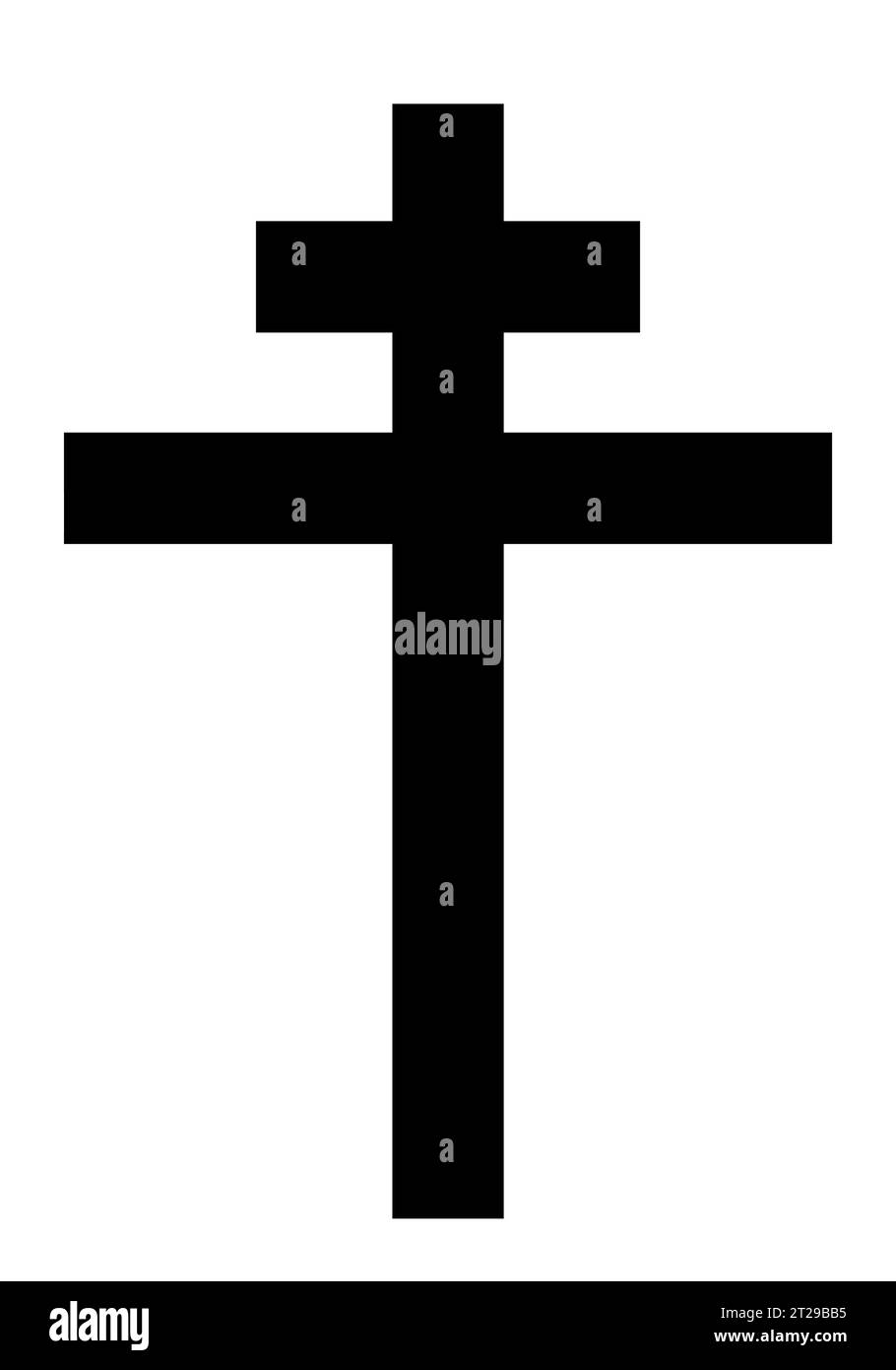 Patriarchales Kreuz, schwarz-weiße Vektor-Silhouette Illustration der religiösen christlichen Kreuzform, isoliert auf weiß Stock Vektor