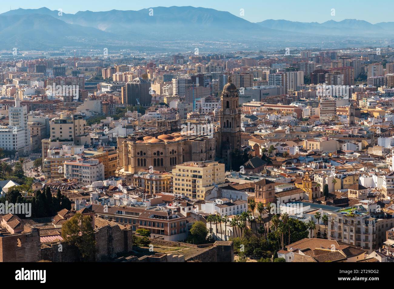 Blick auf die Stadt und die Kathedrale der Inkarnation von Malaga vom Schloss Gibralfaro in der Stadt Malaga, Andalusien. Spanien Stockfoto