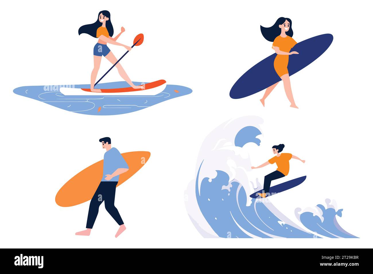 Handgezeichnete Teenager-Charaktere spielen Surfbretter am Meer in flachem Stil, isoliert auf dem Hintergrund Stock Vektor