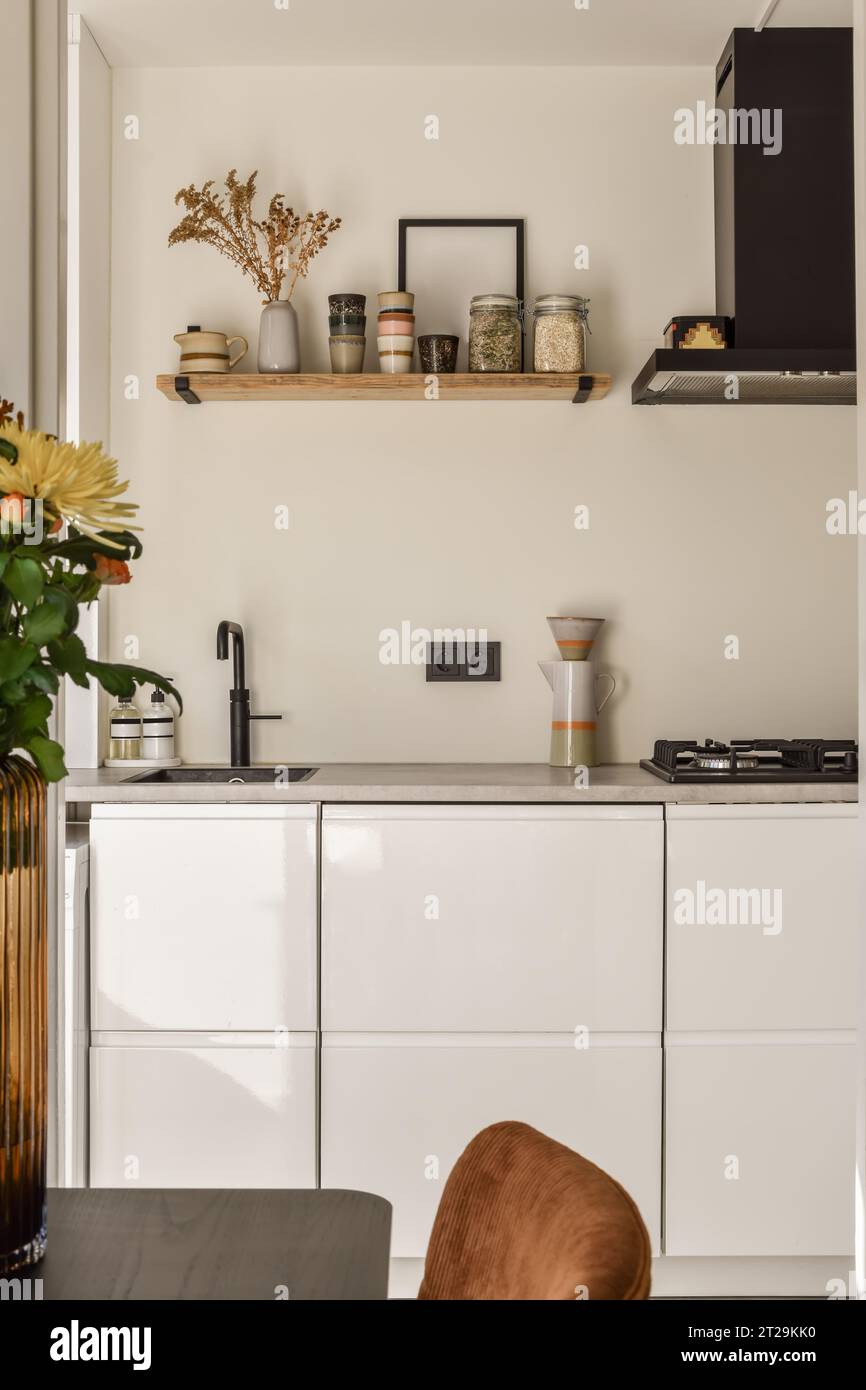 Küche mit weißen Schränken und Arbeitsplatte und Blumenvase mit Zutaten auf dem Regal in einem modernen Apartment Stockfoto