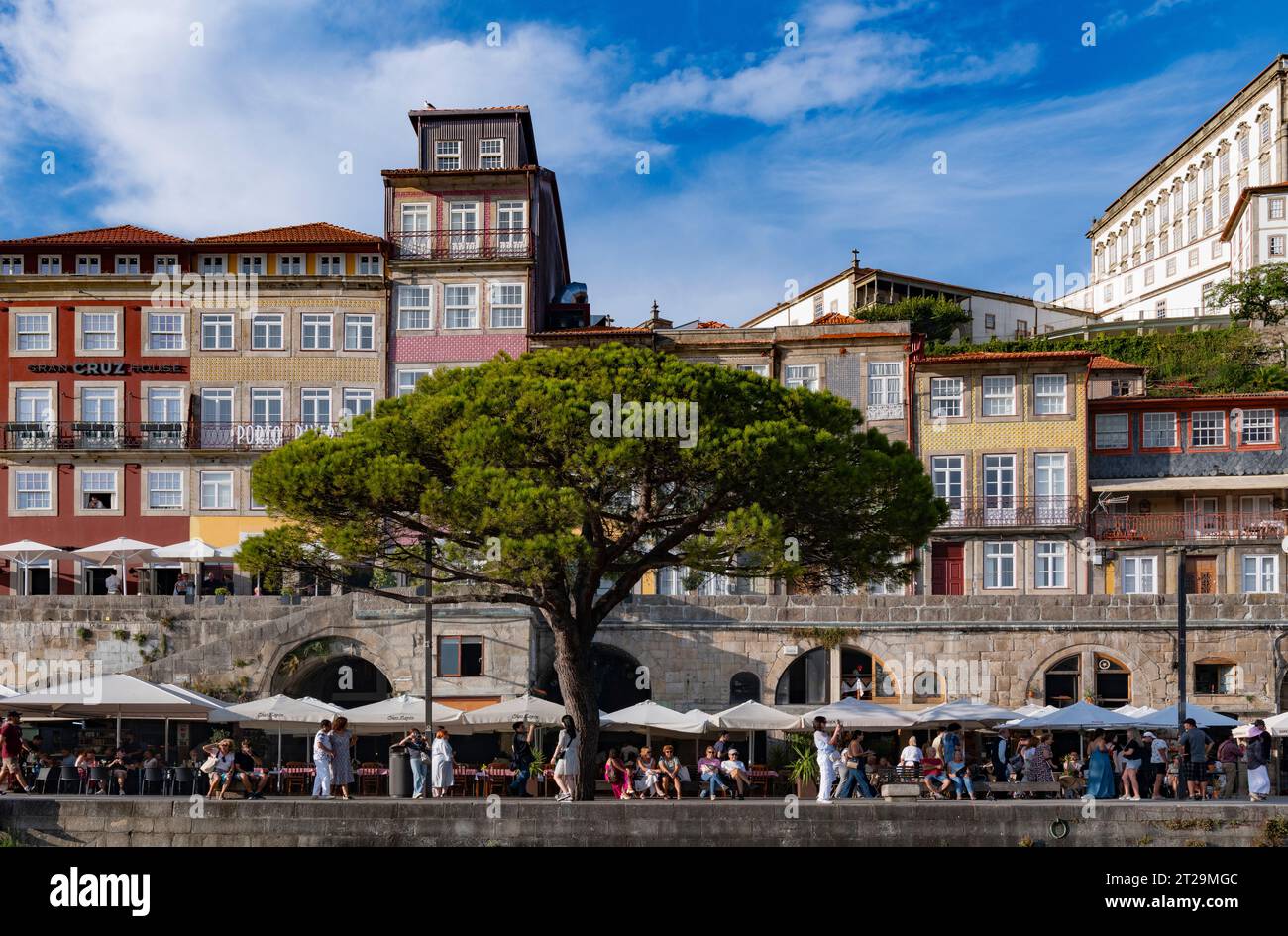 Häuser am Ufer bei Cais da Ribeira, Fluss Douro, cPorto, Portugal Stockfoto