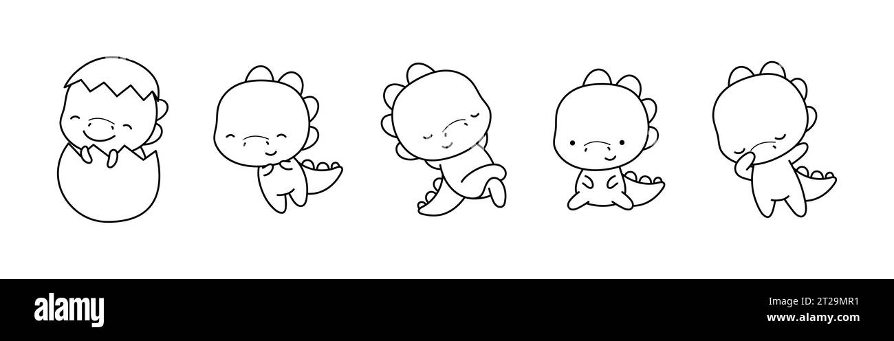 Set der Karikatur isolierte Dino-Malseite. Niedlicher Vektor Kawaii Dinosaurier Outline Stock Vektor