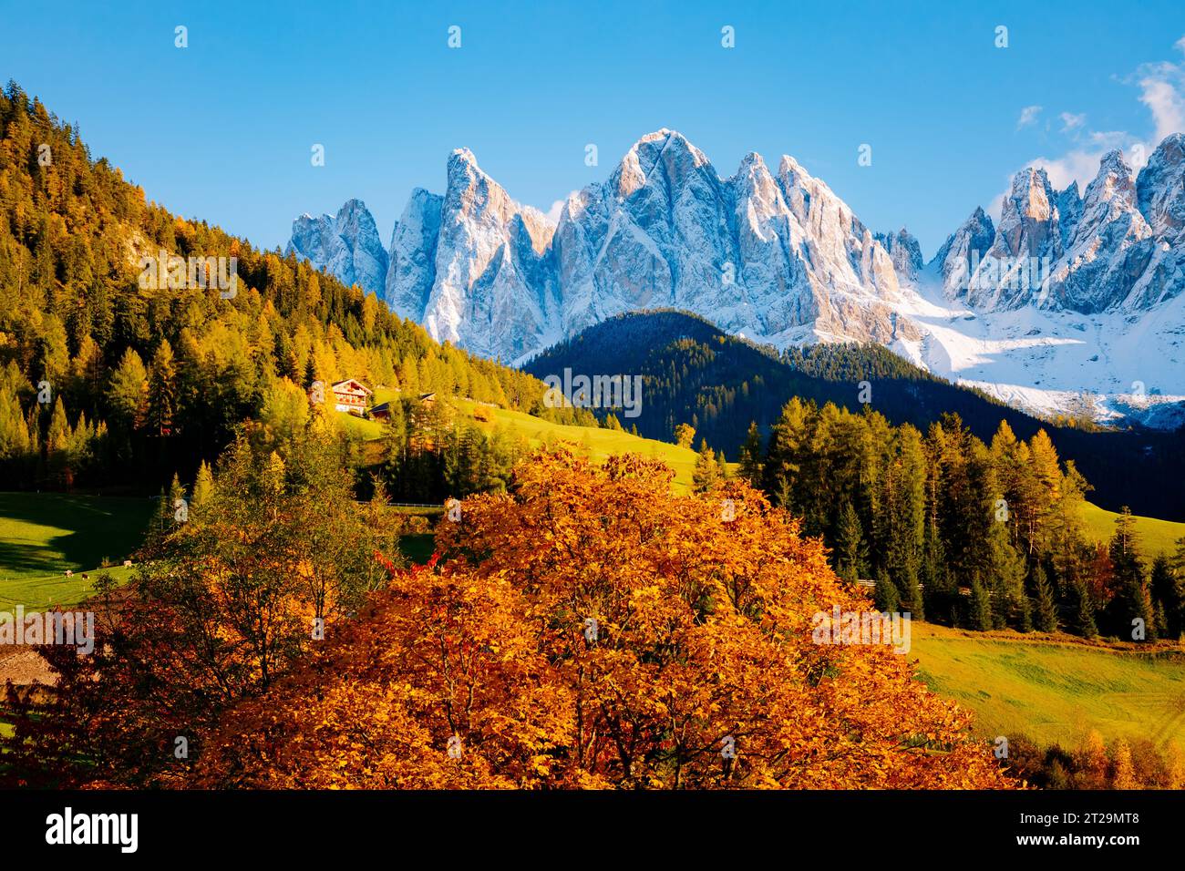 Magisches Bild der sonnigen Hügel im Dorf Santa Magdalena. Friedliche ländliche Szene. Lage berühmter Place Funes Valley, Geißler Gruppe, Dolomiti Alps. Bozen PR Stockfoto