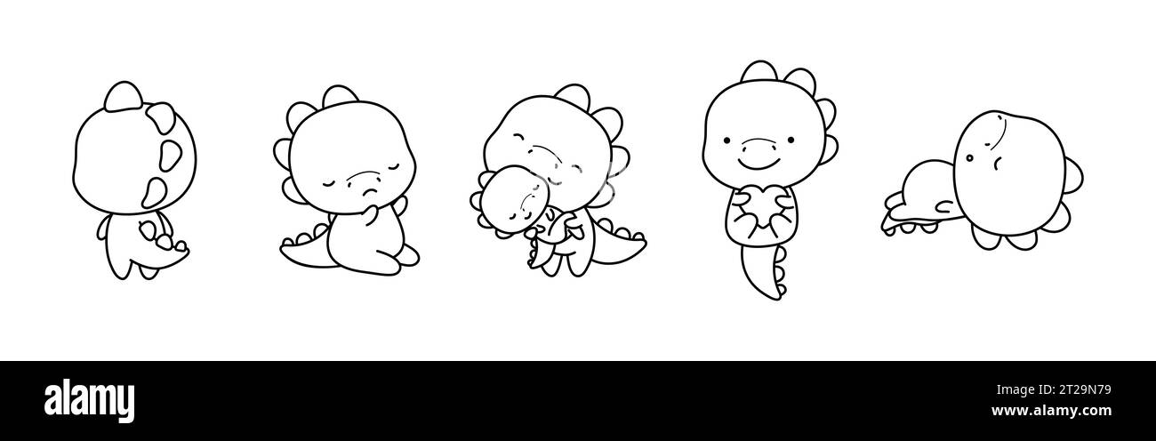 Set der Karikatur isolierte Dino-Malseite. Niedlicher Vektor Kawaii Dinosaurier Outline Stock Vektor