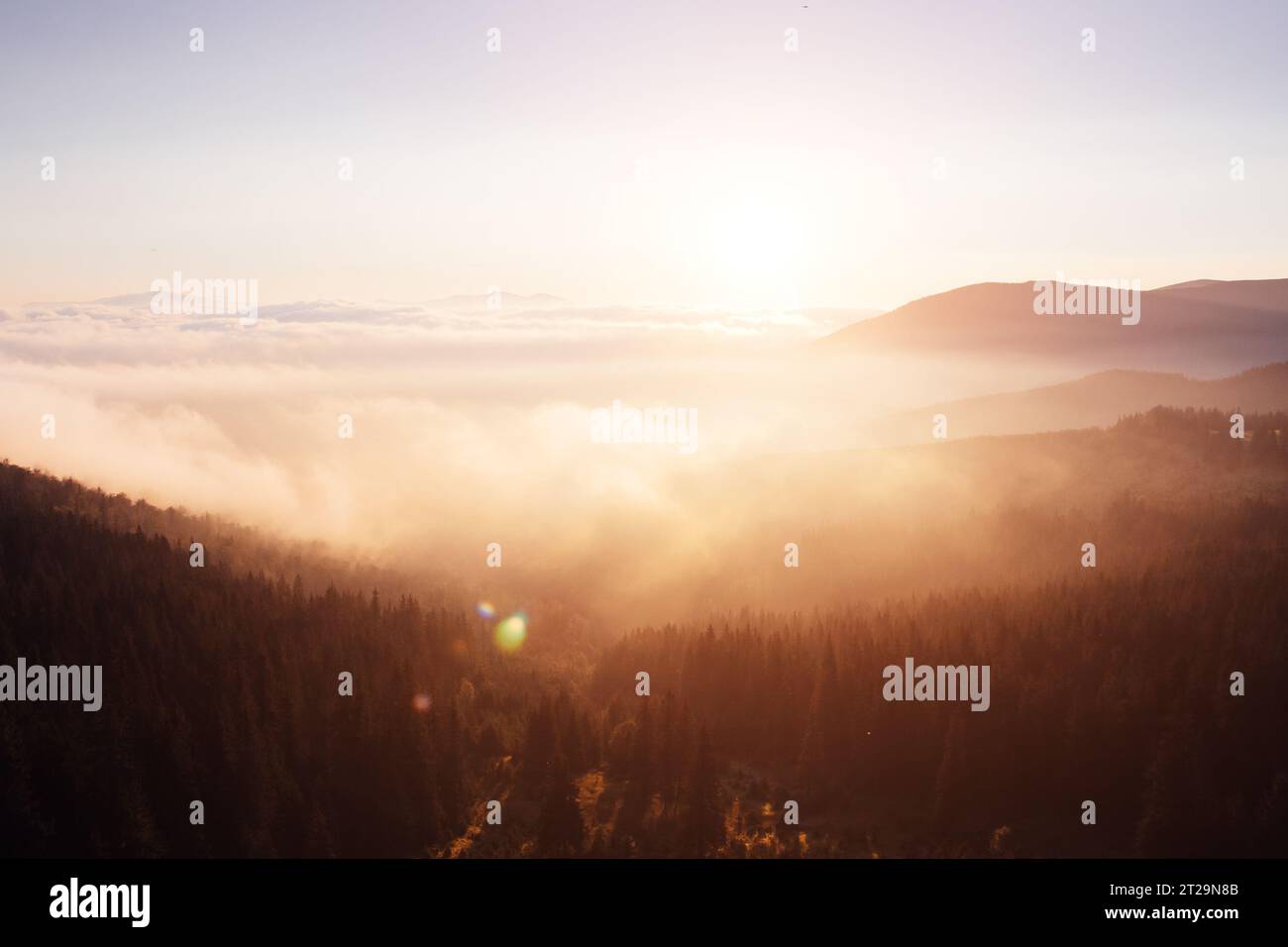Szenische Darstellung der Nebelzone. Standorte Karpaten Nationalpark, Ukraine, Europa. Ausgezeichnete Tapeten. Erkunden Sie die Schönheit der Erde. Großartiges Bild von Stockfoto