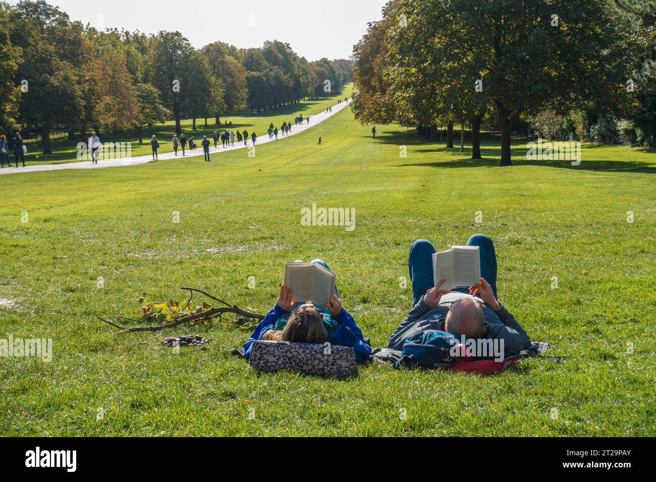 Ein Mann und eine Frau liegen auf dem Gras und lesen Bücher beim Long Walk in Windsor, Berkshire, Großbritannien Stockfoto