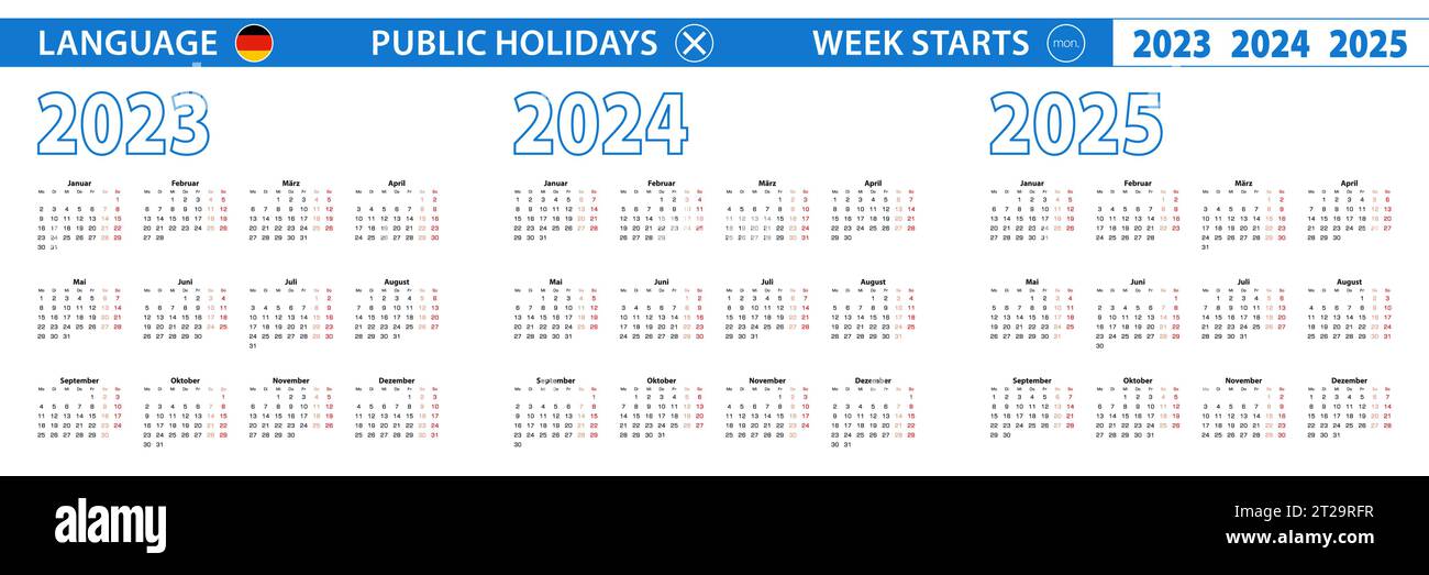 Einfache Kalendervorlage auf Deutsch für 2023, 2024, 2025 Jahre. Die Woche beginnt am Montag. Vektorabbildung. Stock Vektor