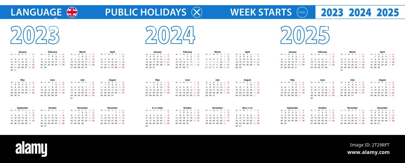 Einfache Kalendervorlage auf Englisch für 2023, 2024, 2025 Jahre. Die Woche beginnt am Montag. Vektorabbildung. Stock Vektor