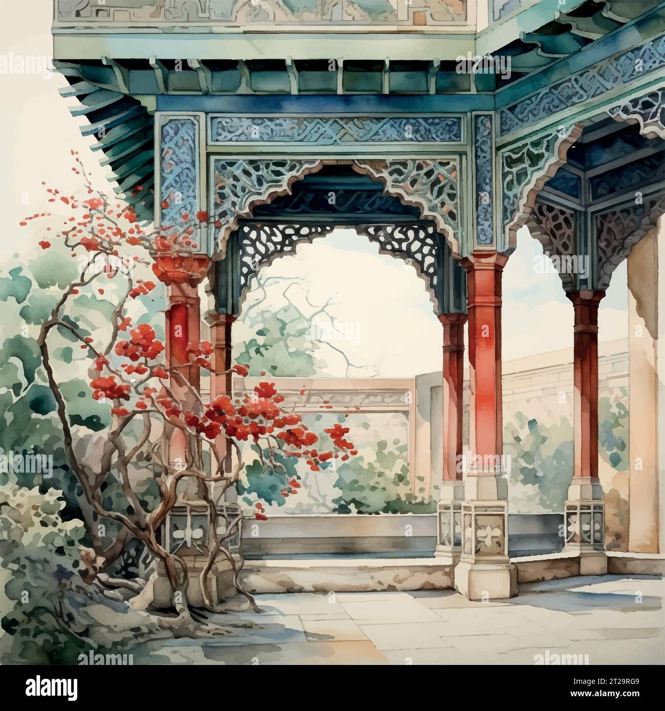 Orientalische architektonische Fliesen Aquarell auf weißem Hintergrund Stock Vektor