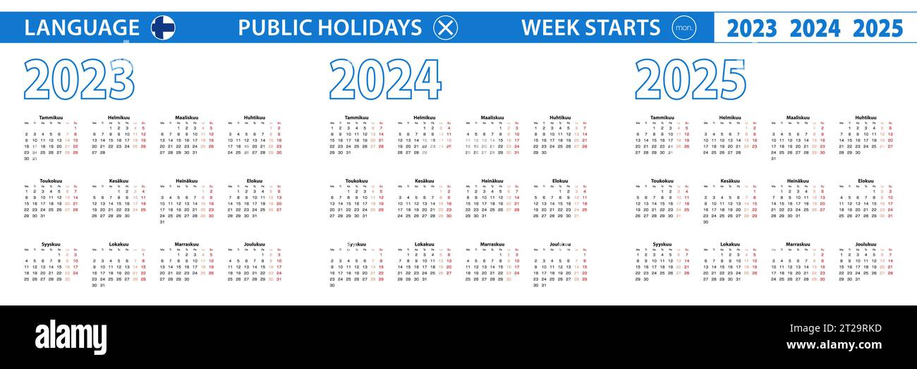 Einfache Kalendervorlage auf Finnisch für 2023, 2024, 2025 Jahre. Die Woche beginnt am Montag. Vektorabbildung. Stock Vektor