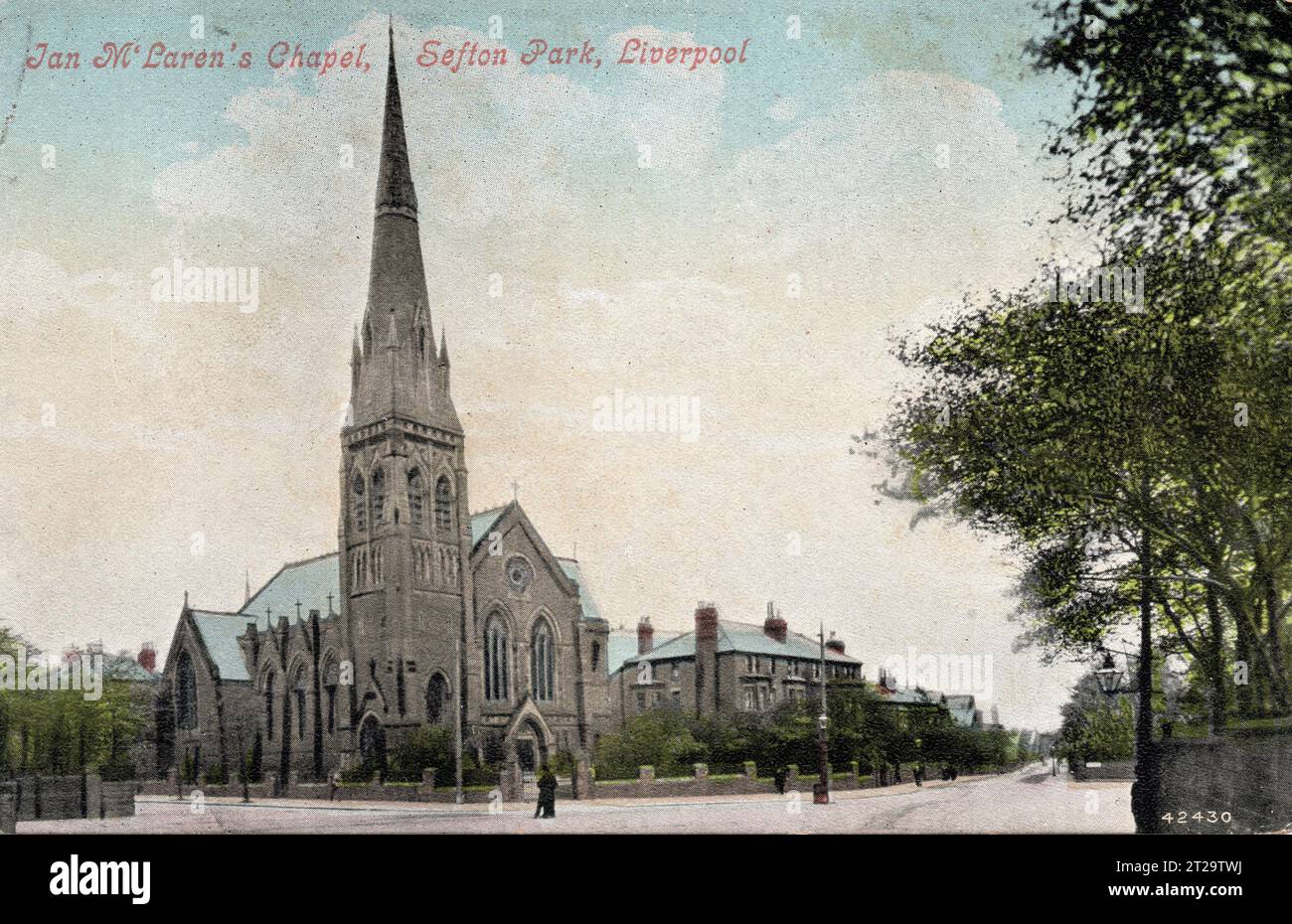 Sefton Park Presbyterian Church, Liverpool, Merseyside. Die Kirche wurde 1879 vom örtlichen Architekten David Walker entworfen und 1980 abgerissen. Die Kirche stand gegenüber dem Croxteth Gate, dem nördlichen Eingang zum Sefton Park. Der erste Amtsinhaber war der Reverend John Watson (1850–1907), vielleicht auch bekannt als der Autor Ian Maclaren. Colourised Photography, ca. 1900; Stockfoto