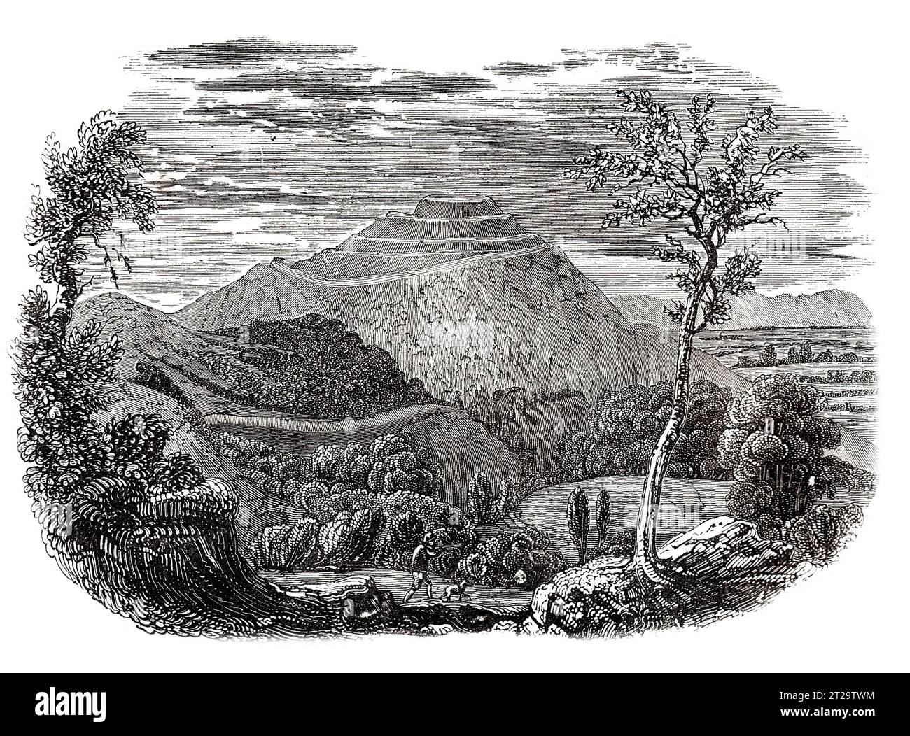 Das British Camp, Iron Age Fort, Herefordshire Beacon, Malvern Hills. 19. Jahrhundert. Black-and-White-Illustration aus dem „Old England“, veröffentlicht von James Sangster im Jahr 1860. Stockfoto