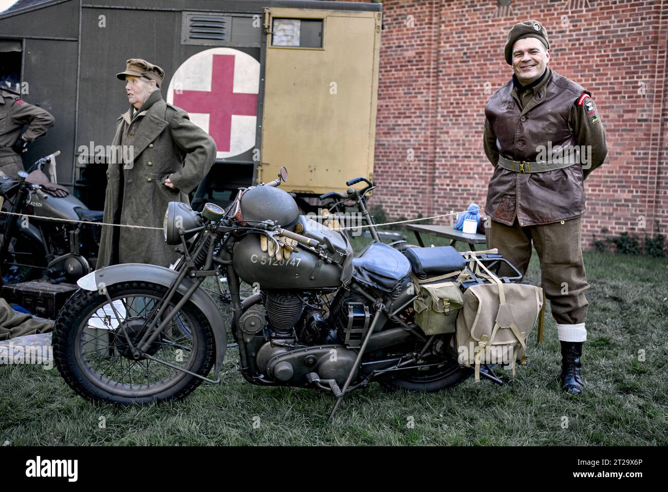 Motorrad der britischen Armee aus dem 2. Weltkrieg. BSA Militärmotorrad. 1940er-Jahre-Nachstellung des 2. Weltkriegs, Avoncroft Museum, Bromsgrove, England Großbritannien Stockfoto
