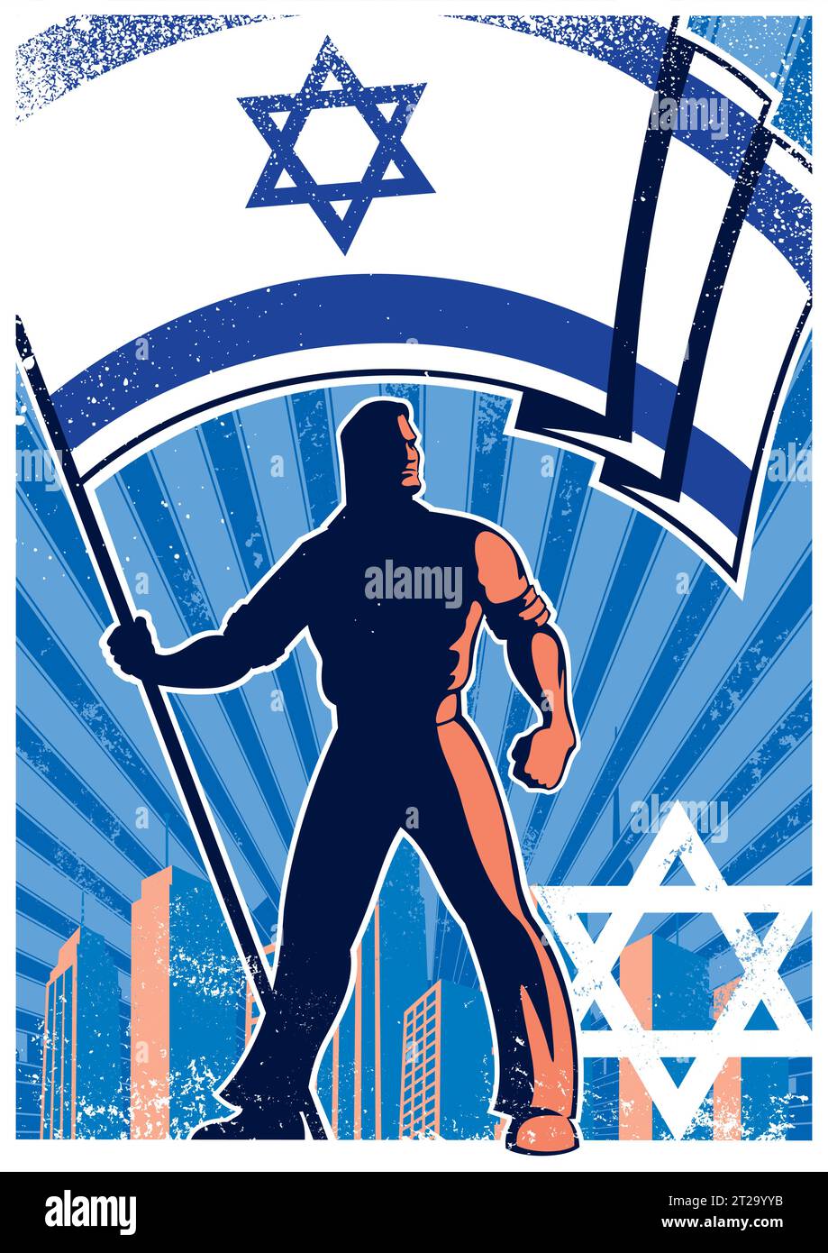 Vintage-Poster eines starken Mannes, der die israelische Flagge hält, vor dem Hintergrund der Stadt mit leuchtenden Blautönen und Texturen. Stock Vektor
