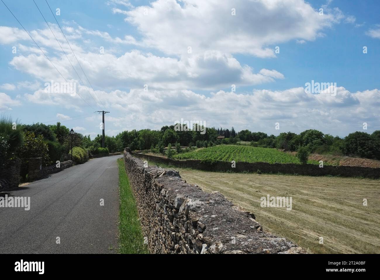 Eine französische Landstraße führt vorbei an den Bauernhöfen außerhalb des mittelalterlichen Bergdorfes Charnay, einer Trockenmauer, einem Heufeld, weißen Wolken am Himmel Stockfoto