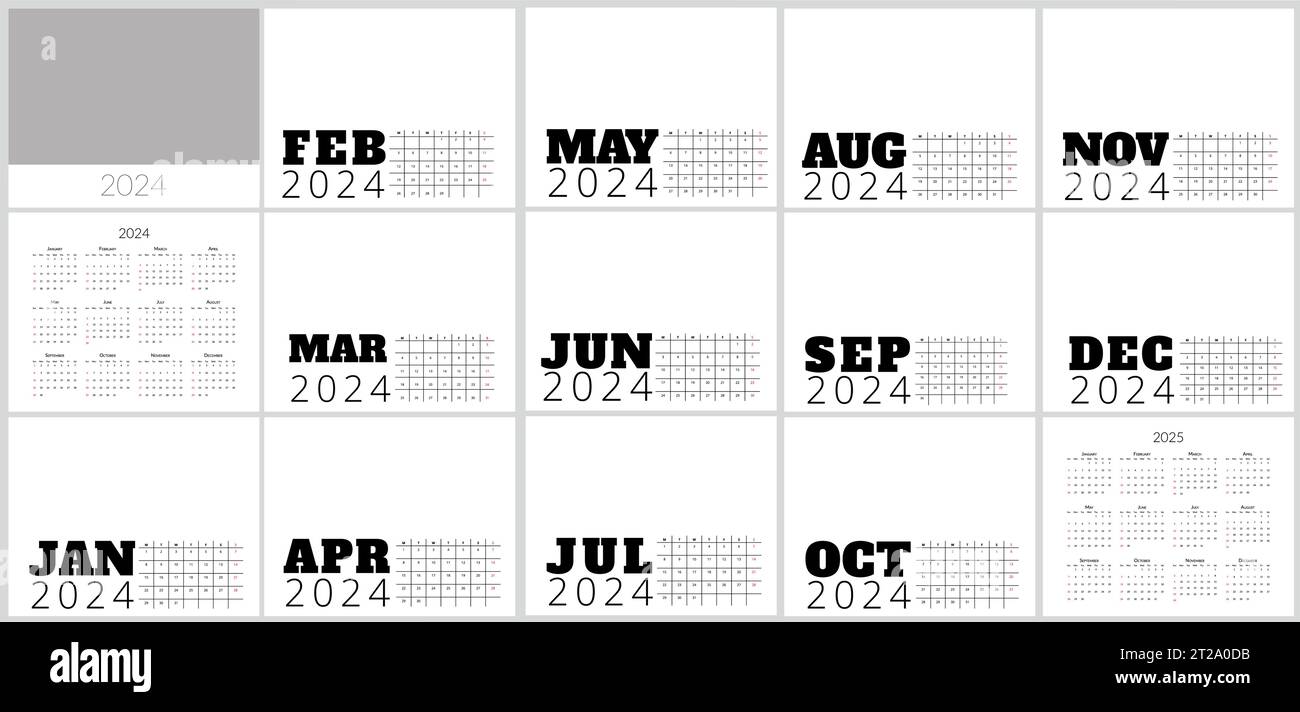 Kalender für 2024-Jahres-Design mit einfacher Grafik für die Büroplanung mit Monaten und Wochen. Vorlage für jährlichen täglichen Organisator Stock Vektor