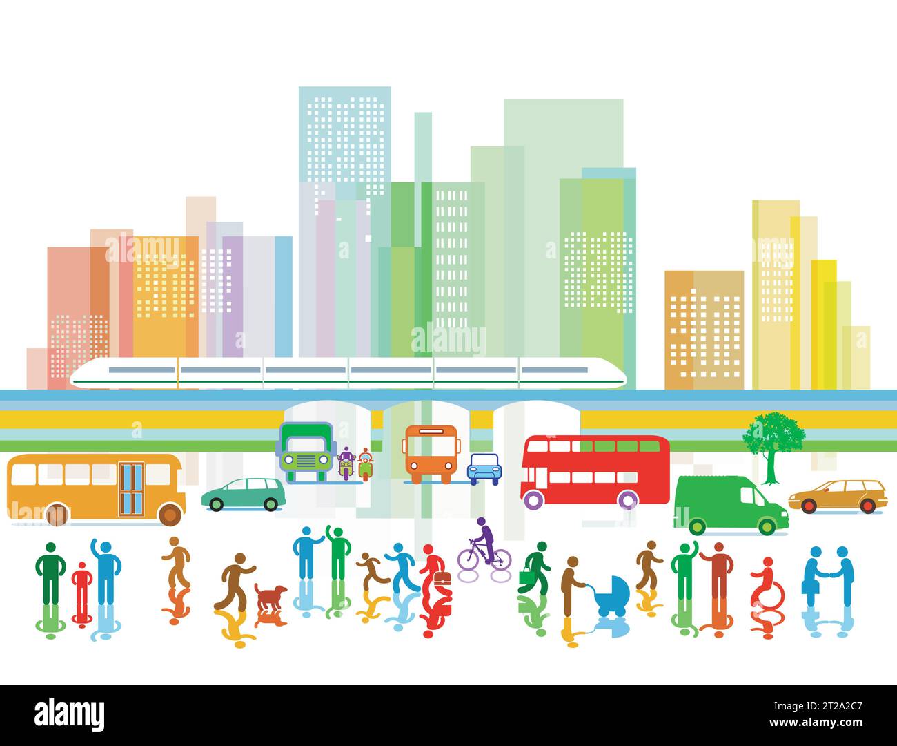 Städtische Silhouette einer Stadt mit Verkehr und Menschen, Illustration Stock Vektor