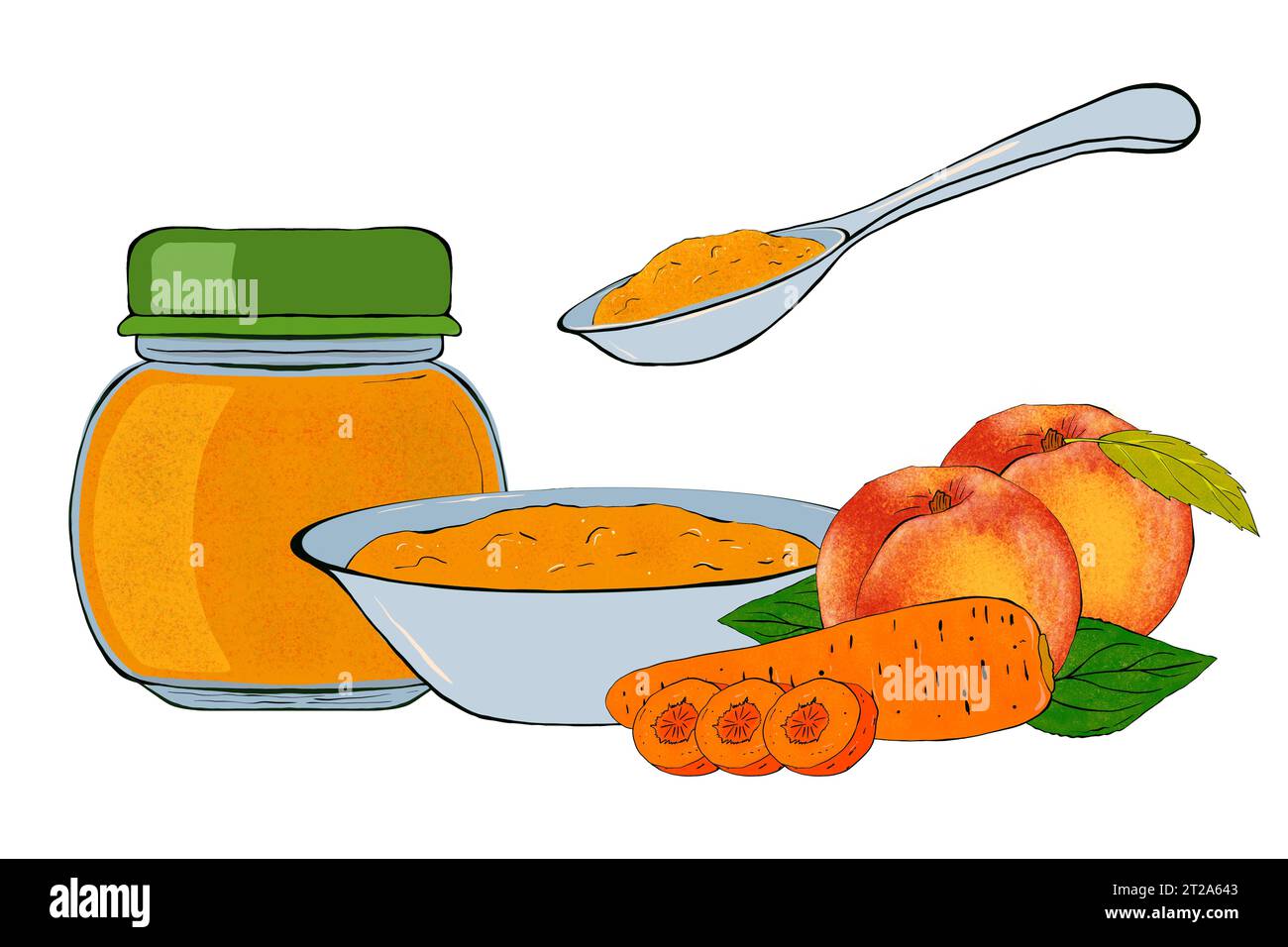 Babynahrung. Farbige Komplementärnahrung für Säuglinge. Teller mit Püree, Glas, Löffel, Obst. Handgezeichnete Abbildung. Stockfoto