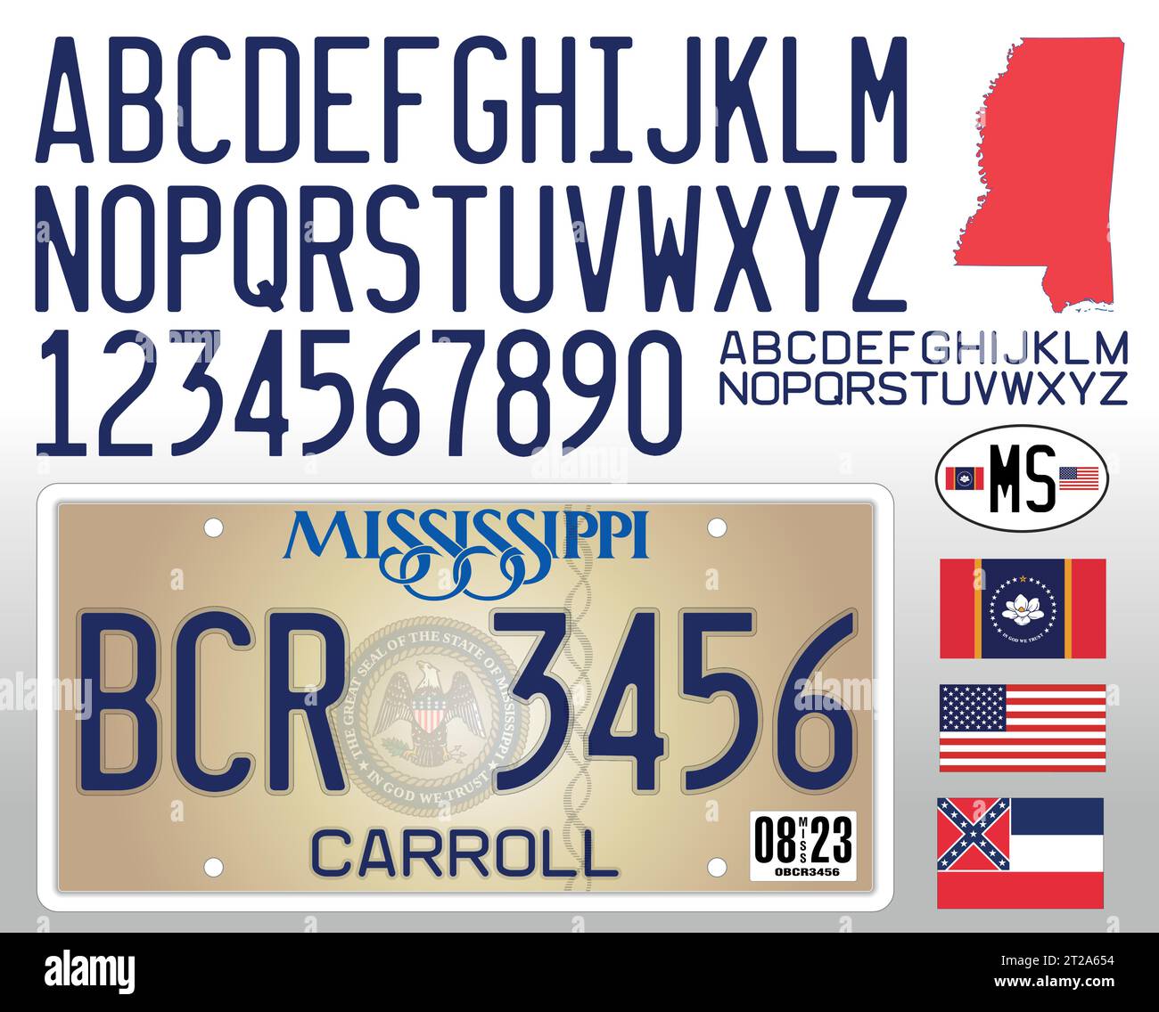 Mississippi Autokennzeichen 2023 mit Buchstaben, Zahlen und Symbolen, Vektorillustration, USA Stock Vektor