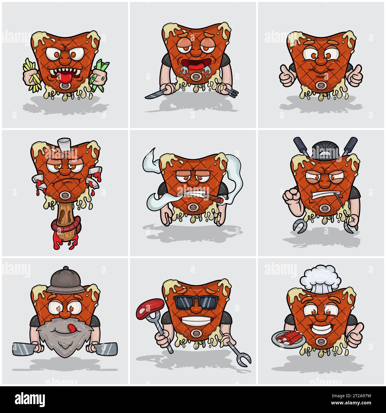 Set Aus Beef Steak Mascot Charakter Cartoon. Vektoren und Illustrationen. Stock Vektor