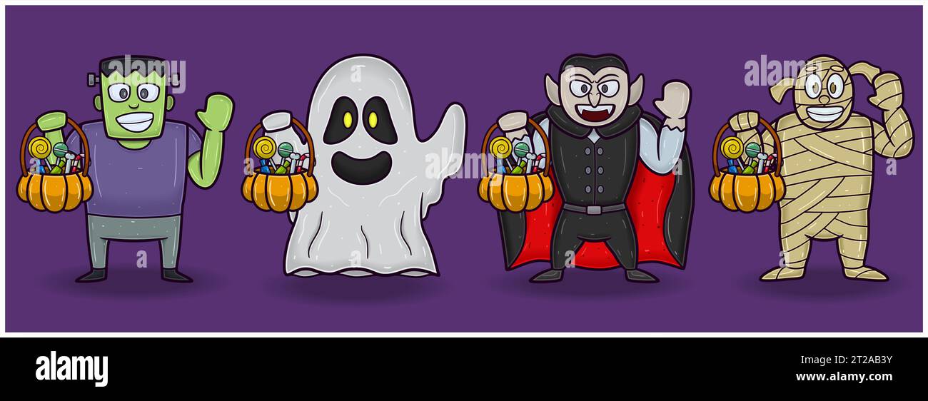 Grüner Zombie, Weißer Geist, Dracula und Mami. Halloween Set Maskottchen Figuren. Vektoren und Illustrationen. Stock Vektor