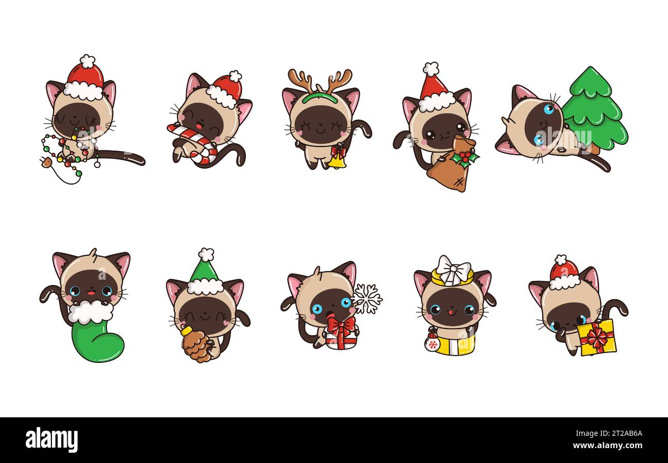 Satz von Kawaii Weihnachten Siam Katze Vektor. Sammlung von Vector Xmas Cat Illustrationen für Aufkleber Stock Vektor