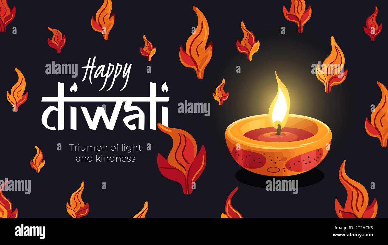 Happy Diwali-Banner für indische Feiertage. Deepavali Indien Festival der Lichter horizontale Grußkarte mit Diya Öl Lampe und Feuer Flammen. Traditionelles hinduistisches Festmotiv. Kreative Kunst, modernes EPS-Design Stock Vektor