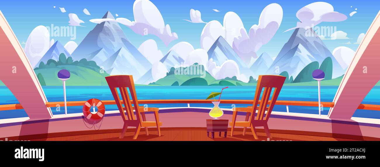 Kreuzfahrtschiff-Deck Blick aufs Meer auf Berglandschaft Zeichentrickhintergrund. Yachtbootgeländer im Meer in der Sommerszene. Luxusschiffdamm mit Cocktai Stock Vektor