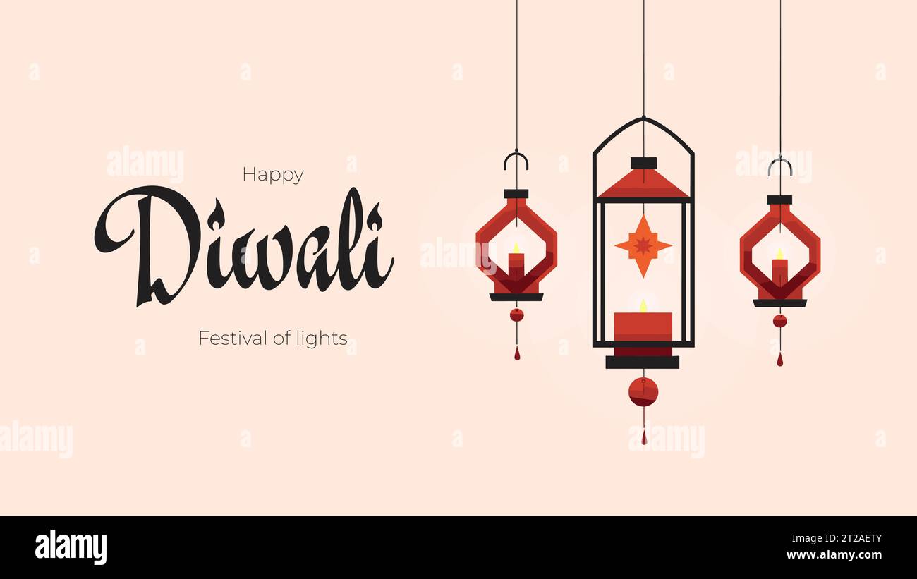 Indische Feiertage Happy Diwali horizontales Banner. Deepavali Indien Festival der Lichter Abdeckung mit Diya Öl Lampen. Traditionelles hinduistisches Festmotiv. Kreative geometrische Grafik modernes Vektordesign Stock Vektor