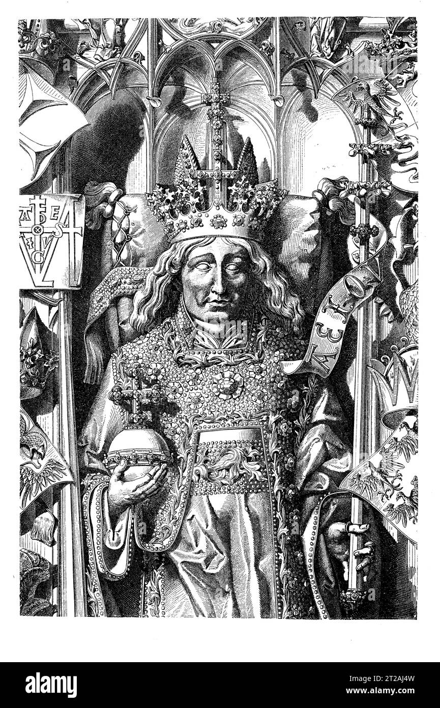 Grabbild des Königs Friedrich III. Des Heiligen Römischen Kaisers mit Kugel und Krone auf seinem Grab in St. Stephansdom, Wien Stockfoto
