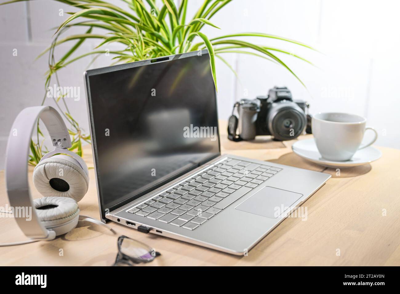 Laptop, Kopfhörer und Kamera auf einem hölzernen Bürotisch mit Kaffeetasse, einer Pflanze vor einer weißen Wand, kreativen Business, Kopierraum, ausgewählter Fokus Stockfoto
