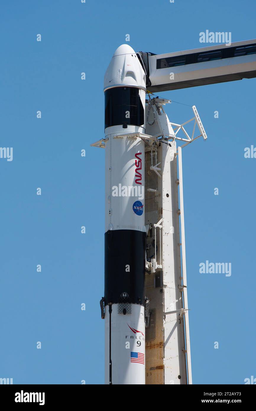 SpaceX’s Dragon-Raumschiff auf einer Falcon-9-Rakete wird am 21. August 2023 im Kennedy Space Center der NASA in Florida am Launch Complex 39A gesichert. Die Besatzungsmitglieder Jasmin Moghbeli, Andreas Mogensen, Satoshi Furukawa und Konstantin Borisov kamen in Kennedy an und fliegen mit der Crew-7-Mission zur Internationalen Raumstation, wobei der Abflug für den 25. August 2023 um 3:49 Uhr EDT angestrebt wird. Stockfoto