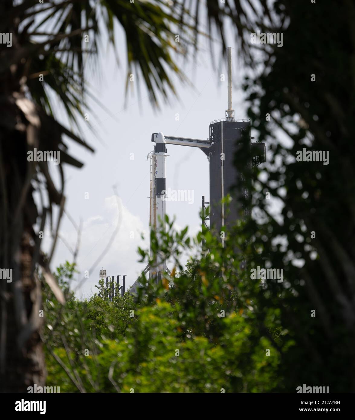 Am 21. August 2023 wird die SpaceX Falcon 9-Rakete mit Dragon auf dem Launch Complex 39A im Kennedy Space Center in Florida gesehen, während die Aktivitäten der Crew 7 vor dem Flug fortgesetzt werden. Crew-7 ist die siebte Rotation zur Internationalen Raumstation im Rahmen des NASA-Crew-Programms mit den Astronauten Moghbeli, Mogensen, Furukawa und dem Kosmonauten Borisov. Stockfoto