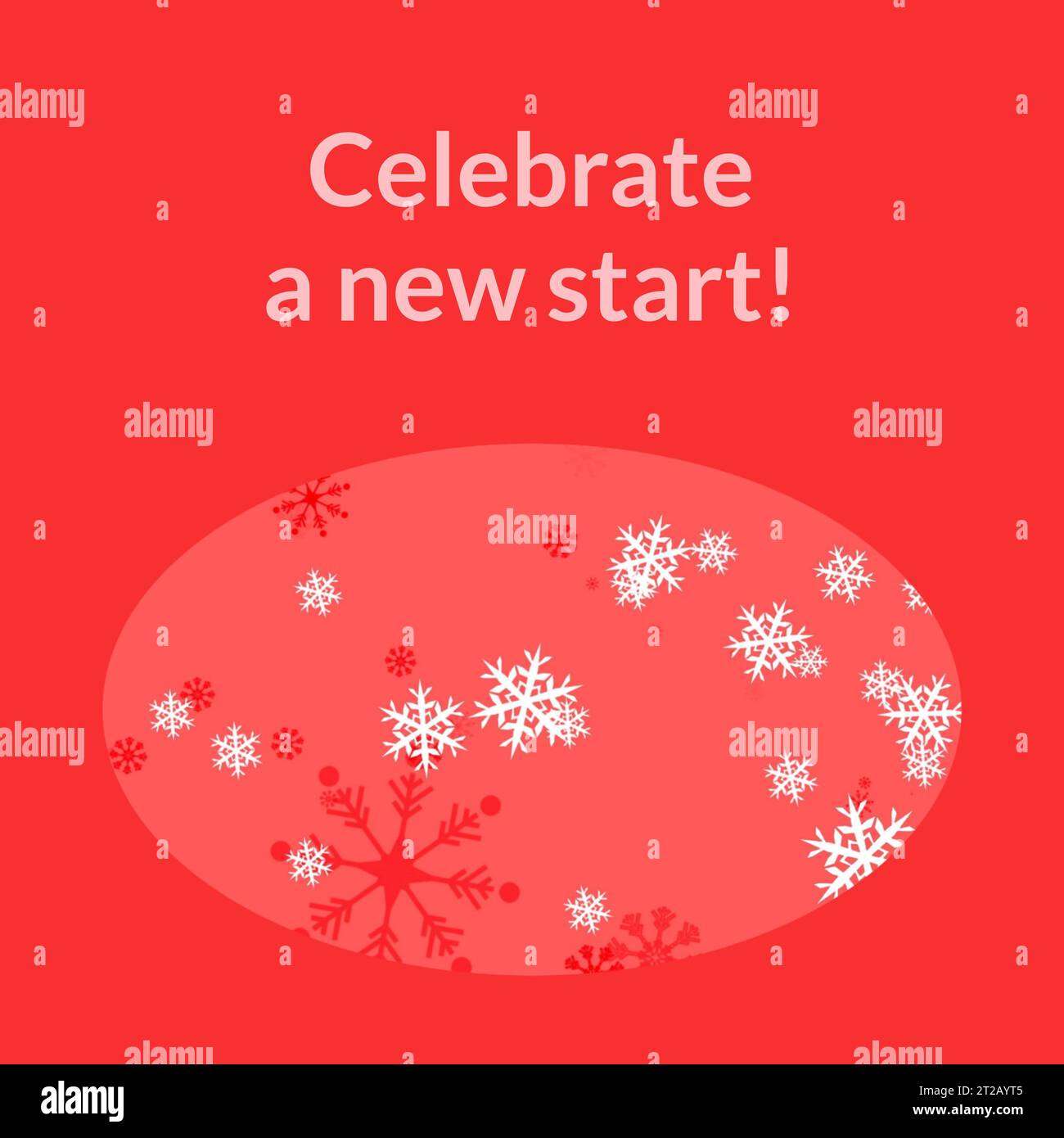 Feiere einen neuen Anfangstext auf Rot mit weißen und roten weihnachtsschneeflocken Stockfoto