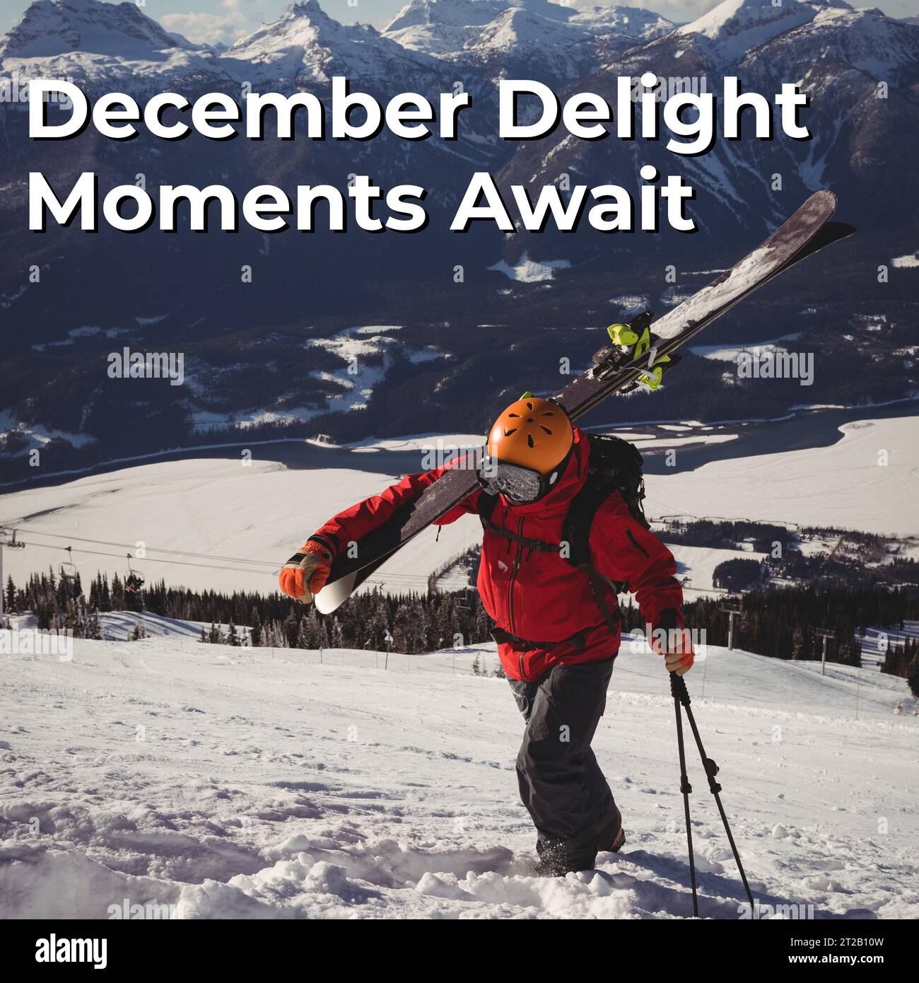 Composite of december Delight Moments warten auf Text über kaukasischen Skifahrern im Hintergrund der Winterlandschaft Stockfoto