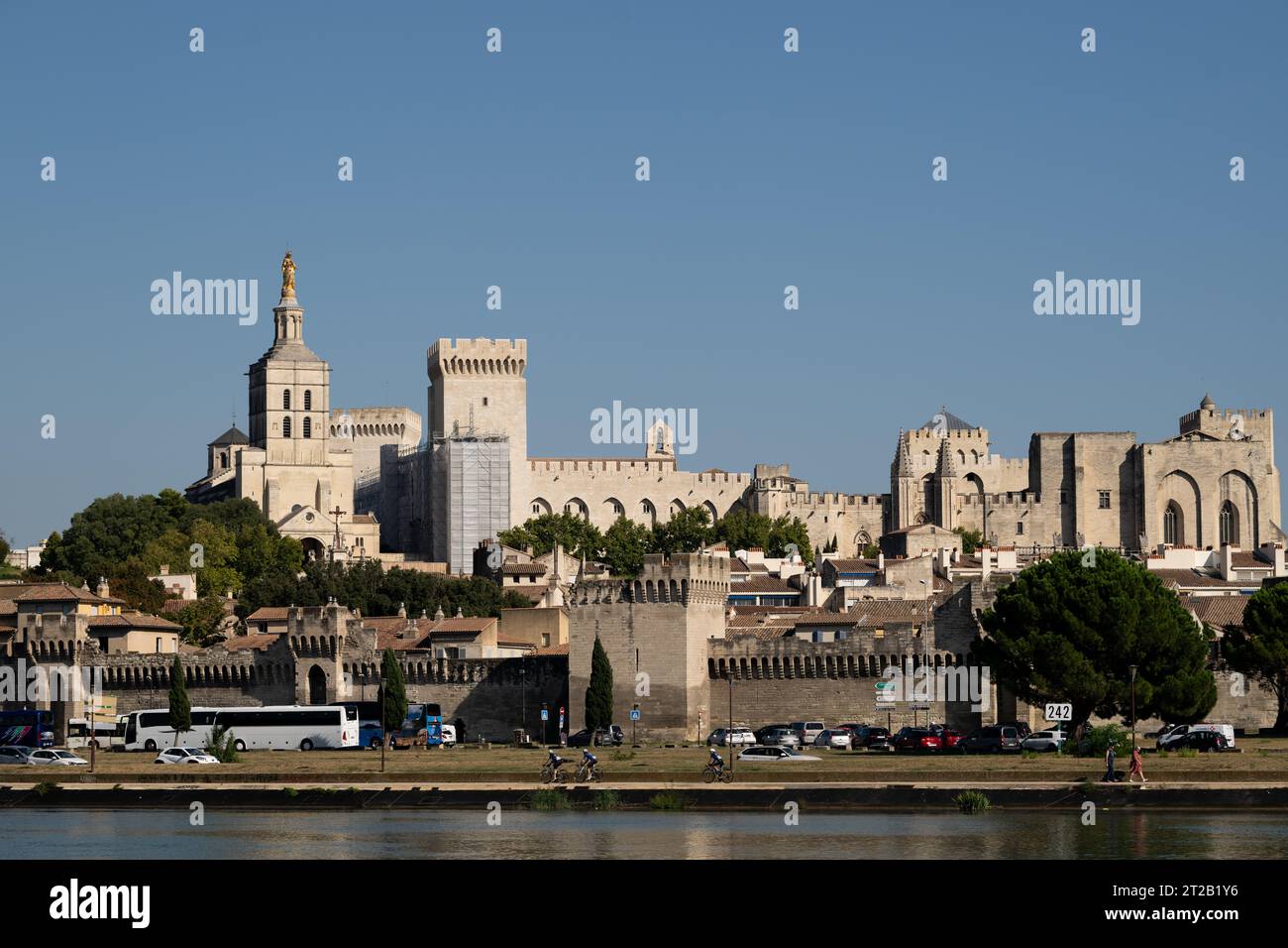 Die alte befestigte Stadt Avignon von der anderen Seite des Flusses Rhône aus gesehen Stockfoto