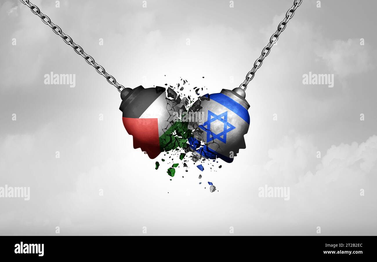 Die palästinensische und israelische Krise als eine Tragödie im Nahen Osten eines Stammeskonflikts als Symbol für die Herausforderungen von Gewalt und territorialen Auseinandersetzungen Stockfoto