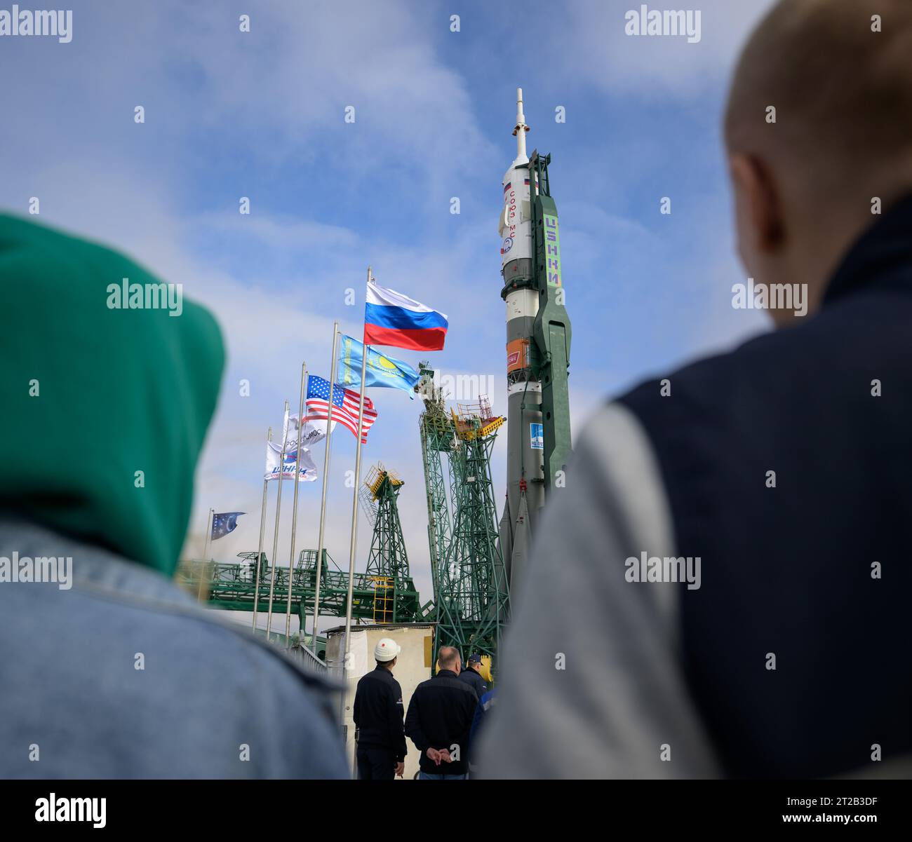 Die Sojus MS-24-Rakete wird 31 am 12. September 2023 auf dem Baikonur Cosmodrome (Kasachstan) zum Start der Expedition 70 mit dem NASA-Astronauten Loral O’Hara und den Roscosmos-Kosmonauten Oleg Kononenko und Nikolai Chub gestartet, der für den 15. September 2023 geplant ist. Stockfoto