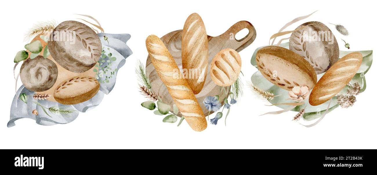 Frisches hausgemachtes Brot auf einem Schneidebrett mit Blumen. Aquarellillustration mit Picknickgebäck auf isoliertem Hintergrund. Bäckerei-Design und Menü-Logo Stockfoto